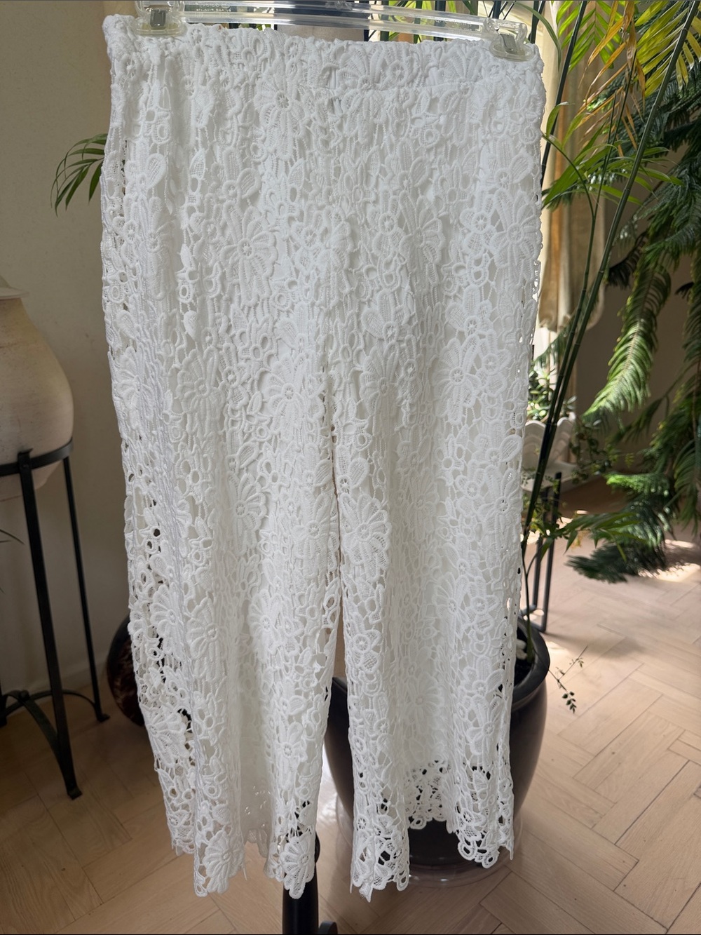 Nina Leonard White Floral Lace Wide-Leg Pants